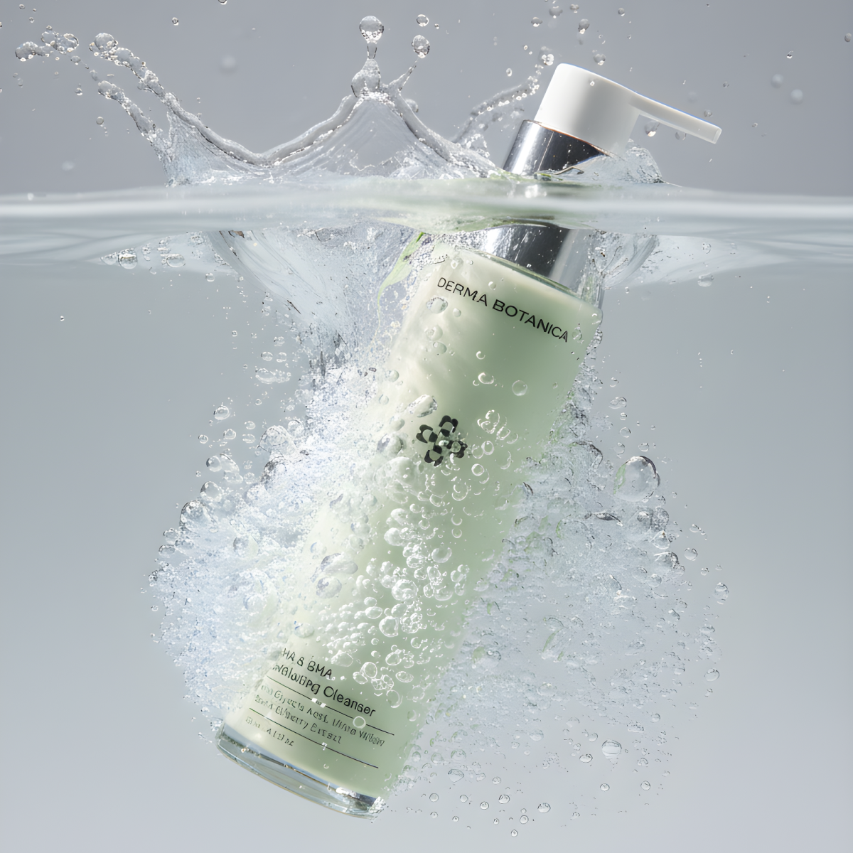 Derma Botanica AHA & BHA Exfoliating Cleanser with water splash on a cool gray background.