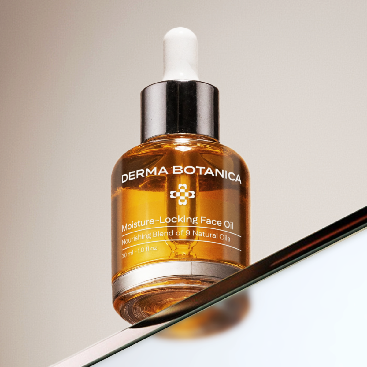 Derma Botanica Moisture-Locking Face Oil bottle on a reflective surface with a neutral background