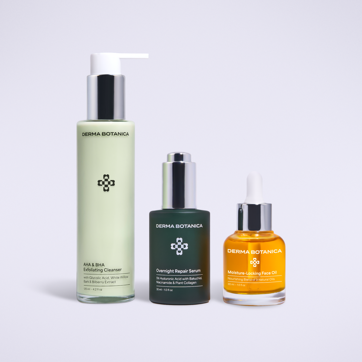 Derma Botanica's The 3 Step Night Routine consisting of AHA & BHA Exfoliating Cleanser, Overnight Repair Serum and Moisture-Locking Face Oil