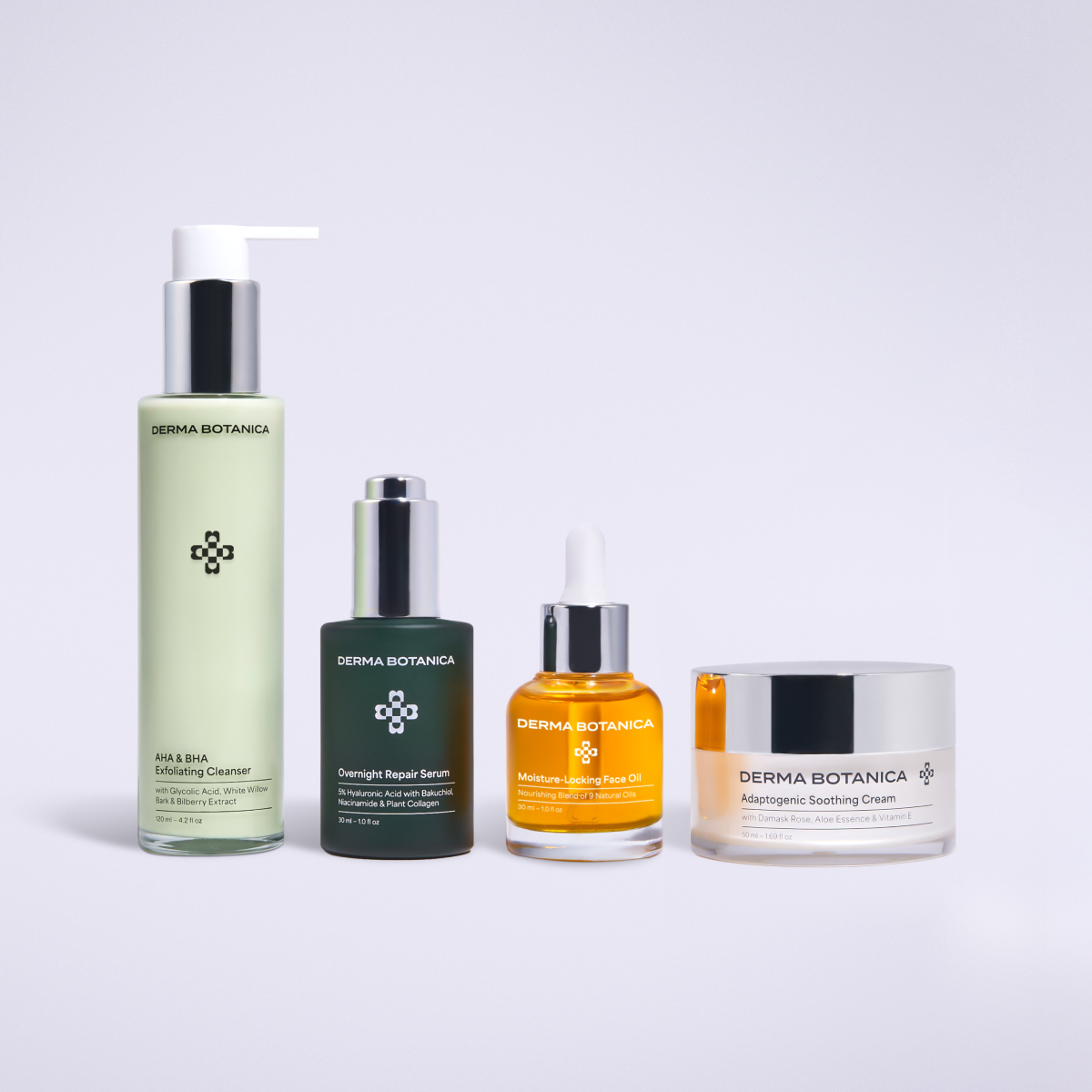Derma Botanica's 4 Step Night Routine consisting of the Overnight Repair Serum, AHA & BHA Exfoliating Cleanser, Moisture-Locking Face Oil and Adaptogenic Soothing Cream