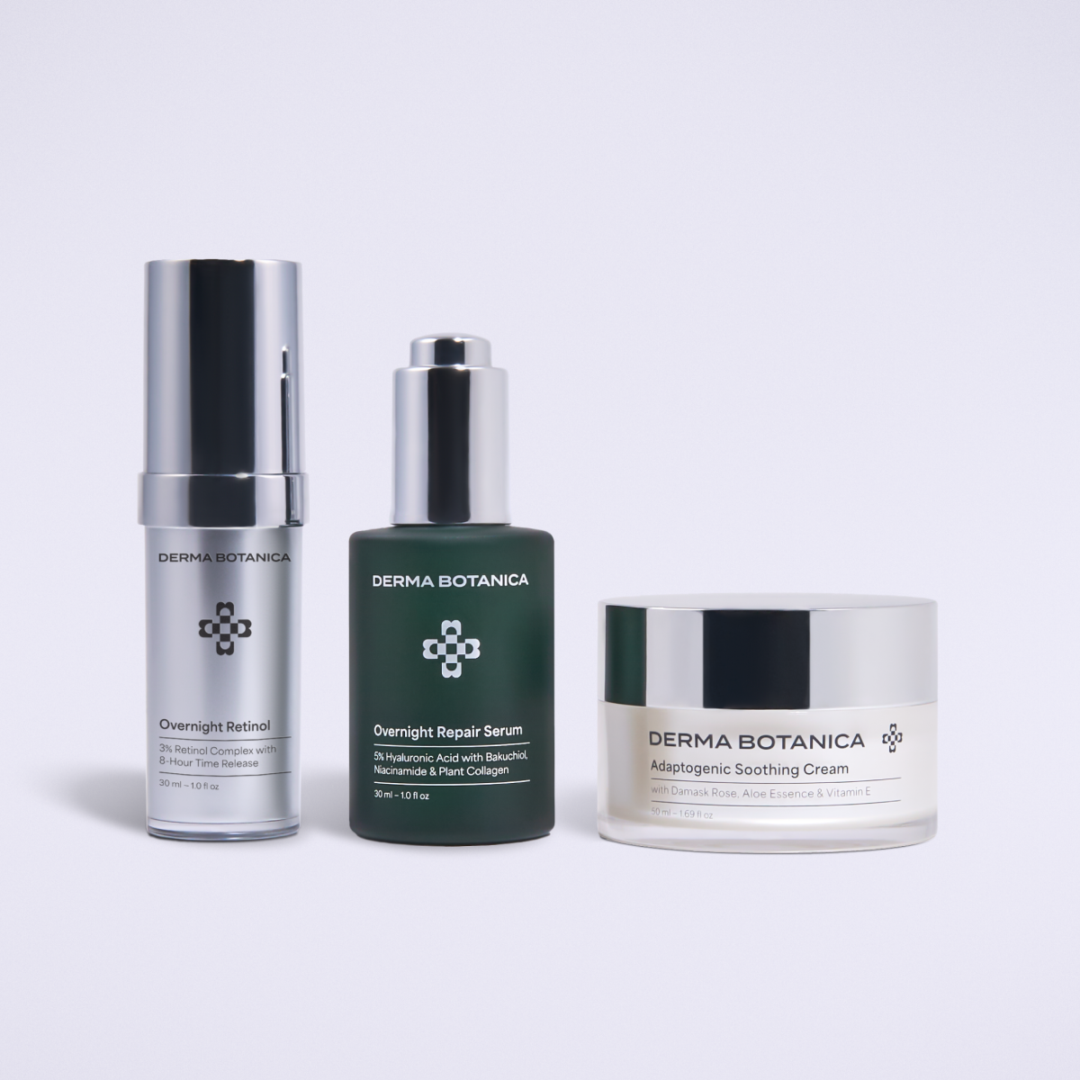Derma Botanica's Full Anti-Aging System consisting of Overnight Retinol Serum, Overnight Repair Serum and Adaptogenic Soothing Cream