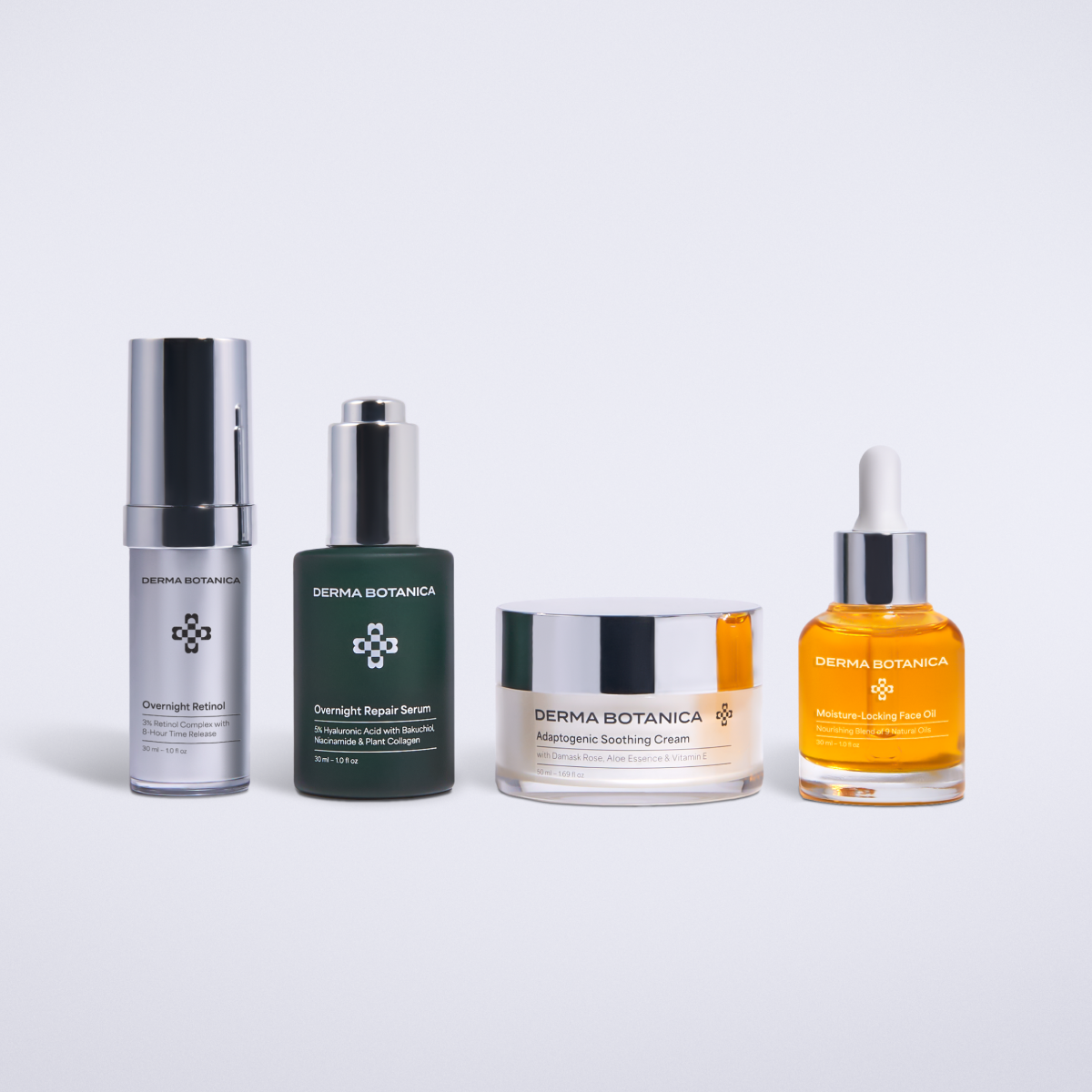 Derma Botanica's Full Anti Aging System with Moisture-Lock consisting of the Overnight Retinol Serum, Overnight Repair Serum, Adaptogenic Soothing Cream and Moisture-Locking Face Oil.