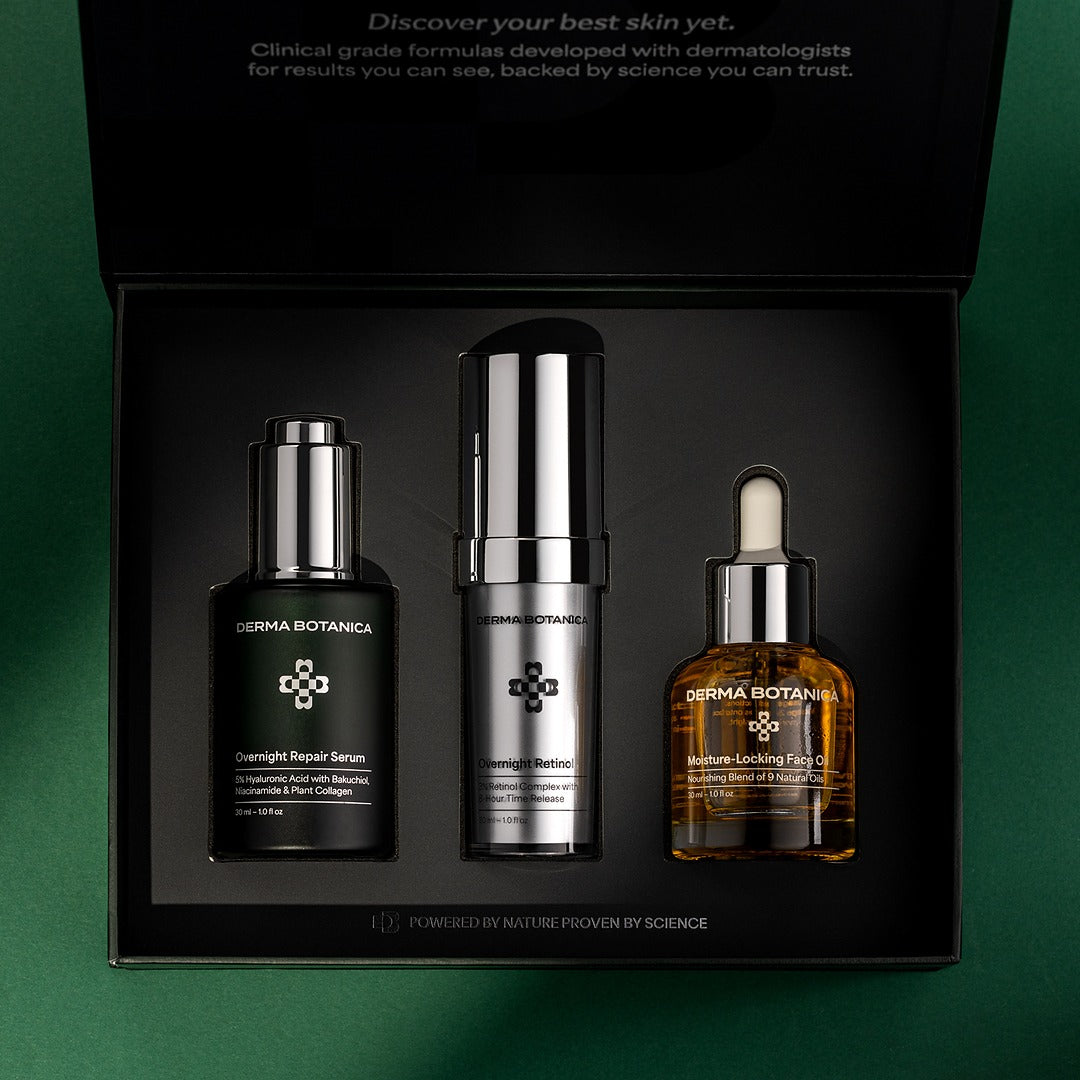 Three skincare products in a black box with 'Derma Botanica' branding on a green background.