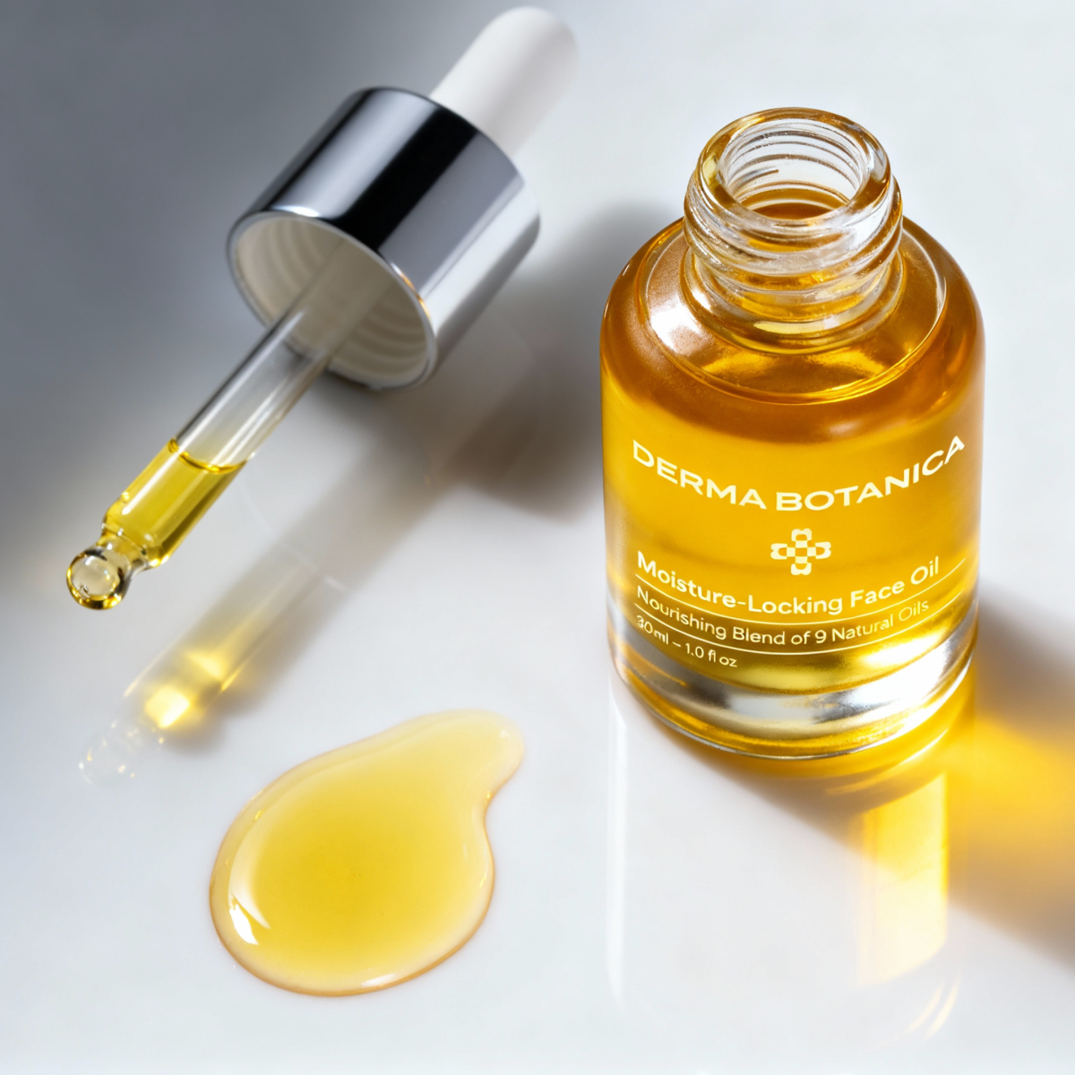 Derma Botanica Moisture-Locking Face Oil with dropper and oil on a white background