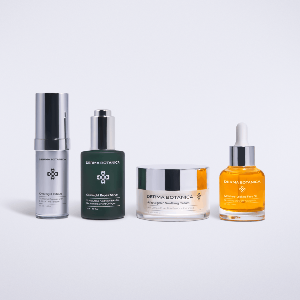 Derma Botanica's Full Anti Aging System with Moisture-Lock consisting of the Overnight Retinol Serum, Overnight Repair Serum, Adaptogenic Soothing Cream and Moisture-Locking Face Oil.